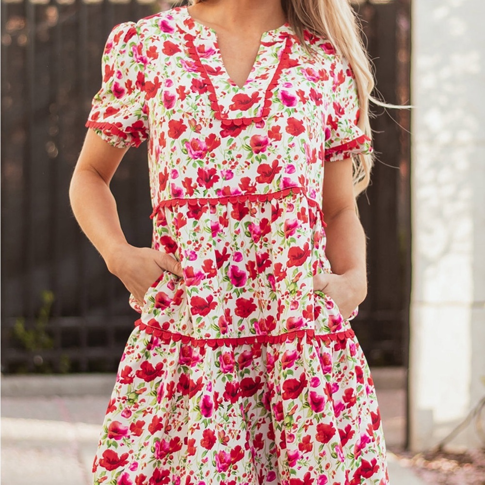 Floral Red and Pink Dress Threaded Pear